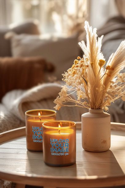 Amber Glass Candle Mockup Featuring an AI-Created Cozy Room m51902