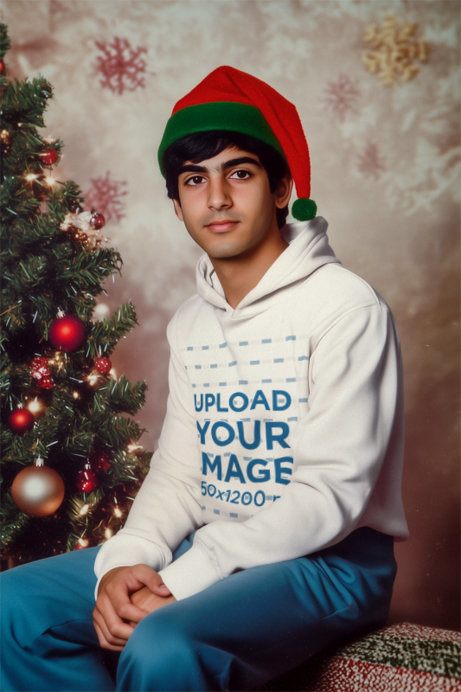 Hoodie Mockup of an AI-Generated Serious Man With a Christmas Dwarf Hat
