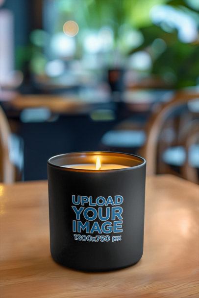 Print Mockup Featuring an AI-Created Black Glass Scented Candle Placed on a Table