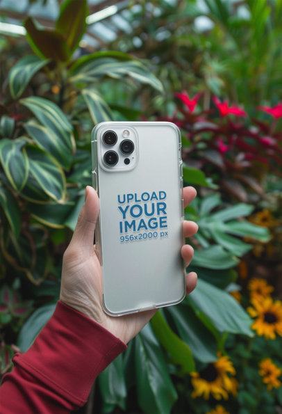 Mockup of a Person's Hand Holding an iPhone 15 Pro with a Clear Case