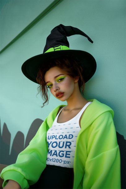 Tank Top Mockup of an AI-Generated Woman Wearing a Witch Musical-Inspired Outfit