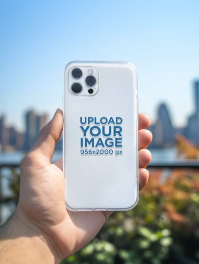 Mockup of an AI-Generated Man Holding a Clear Phone Case Against a City