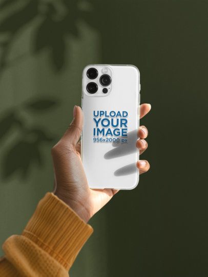 Print Mockup of an AI-Generated Woman Holding a Clear Phone Case