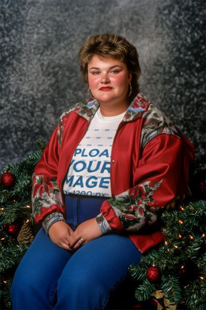Round-Neck T-Shirt Mockup of an AI-Generated Woman Posing for a Christmas Photoshoot