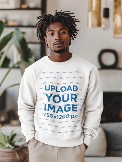 Mockup of an AI-Created Man Wearing a Rounded-Neck Sweatshirt at Home