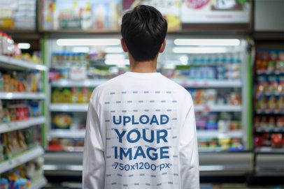 Back-View Long-Sleeve Tee Mockup of an AI-Generated Man in a Grocery Store