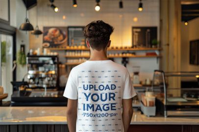 Back-View T-Shirt Mockup of an AI-Generated Man in a Coffee Shop