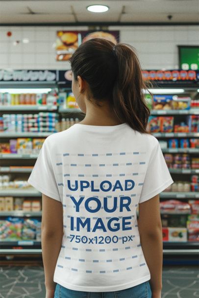 AI-Created Mockup of a Woman Wearing a T-Shirt in a Grocery Store