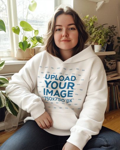 Mockup Featuring an AI-Generated Woman Wearing a Hoodie by a Window with Plants