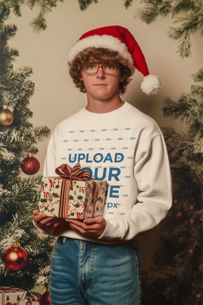 Sweatshirt Mockup Featuring an AI-Created Young Man Holding a Christmas Present