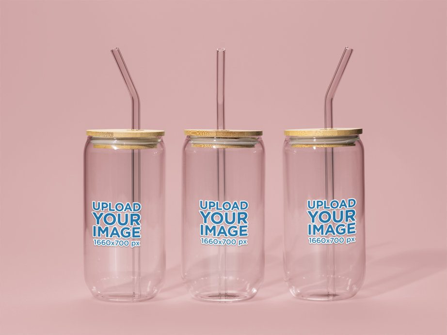 Print Mockup of Three Sipper Can Glasses Standing on a Colorful Backdrop