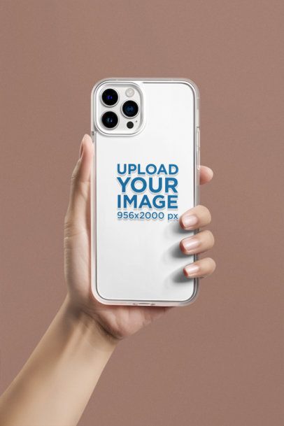 Mockup of an AI-Generated Woman's Hand Holding a Clear Phone Case in a Studio