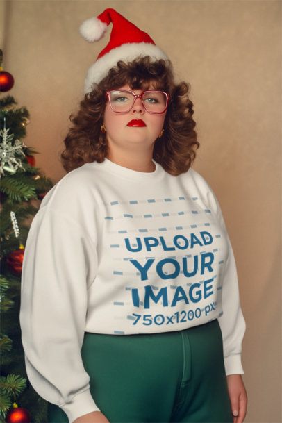Retro-Themed Mockup of an AI-Generated Woman Wearing a Sweatshirt in a Xmas Shoot