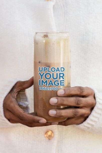Drinkware Mockup Featuring a Woman With a Can Glass Filled With an Ice Latte m52427