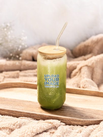 Cozy-Themed Mockup Featuring a Sipper Can Glass Filled With Matcha m52435