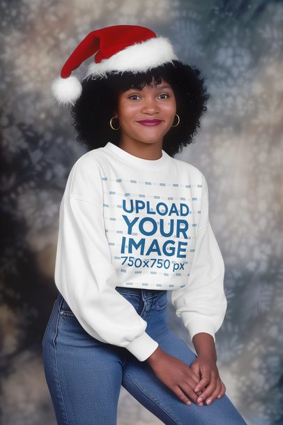 Sweatshirt Mockup Featuring a Joyful AI-Created Woman for a Christmas Portrait