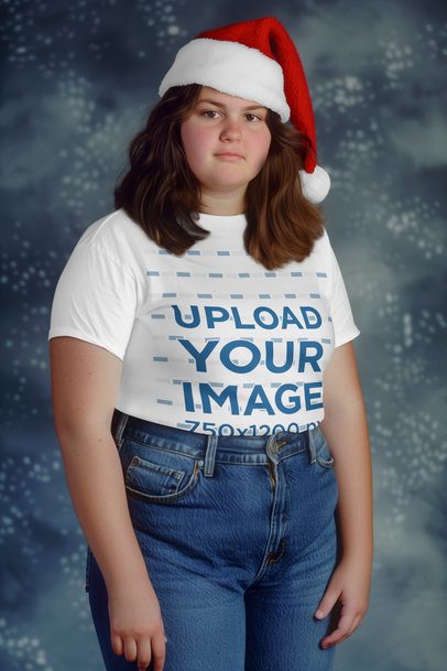 T-Shirt Mockup Featuring an AI-Created Teenage Girl in a Christmas Photoshoot