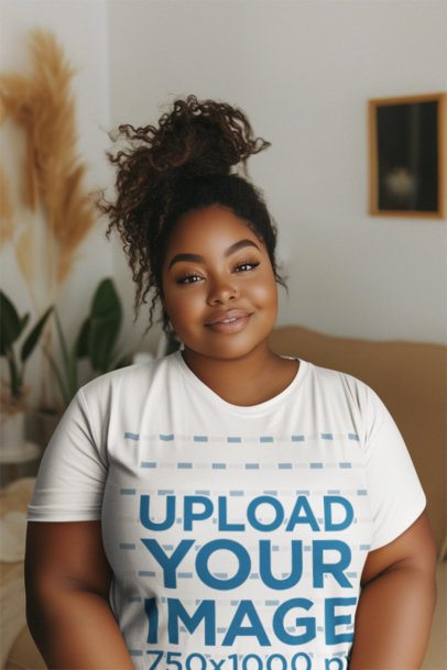 Mockup Featuring an AI-Created Woman Wearing a Crewneck Tee at Home