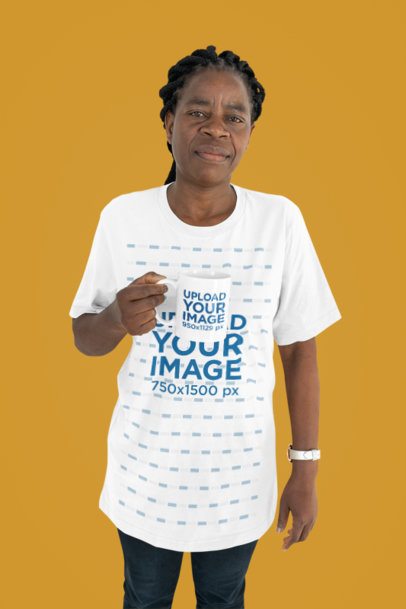 Studio Mockup Featuring an Older Woman Wearing a T-Shirt and Holding an 11 oz Mug m51483