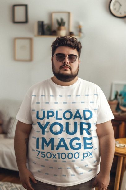 AI-Created Mockup Featuring a Bearded Man Wearing a Tee at Home