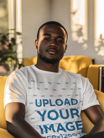 T-Shirt Mockup Featuring an AI-Created Man Sitting on a Comfy Couch