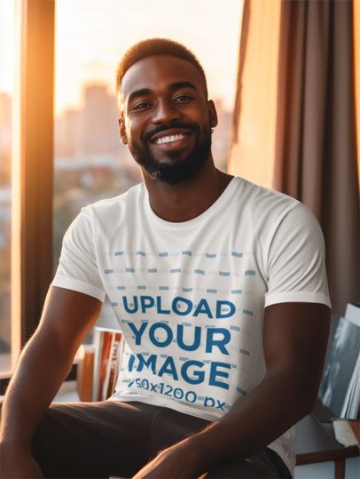 AI-Generated Mockup of a Smiling Bearded Man Wearing a Rounded-Neck Tee