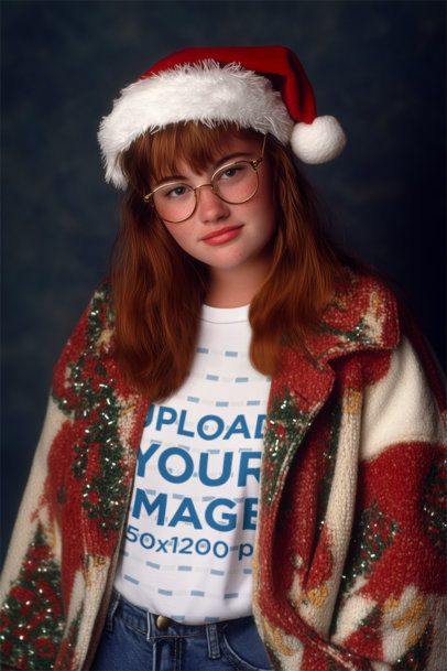 AI T-Shirt Mockup Featuring a Retro Portrait of a Woman Wearing a Christmas Outfit