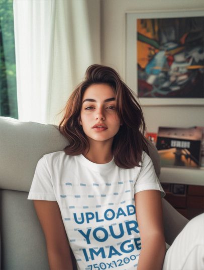 T-Shirt Mockup Featuring a Woman Created by AI Sitting at Home