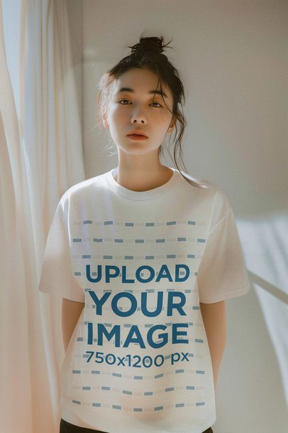 AI-Created Mockup of a Woman Wearing a T-Shirt with a Round Neck at Home
