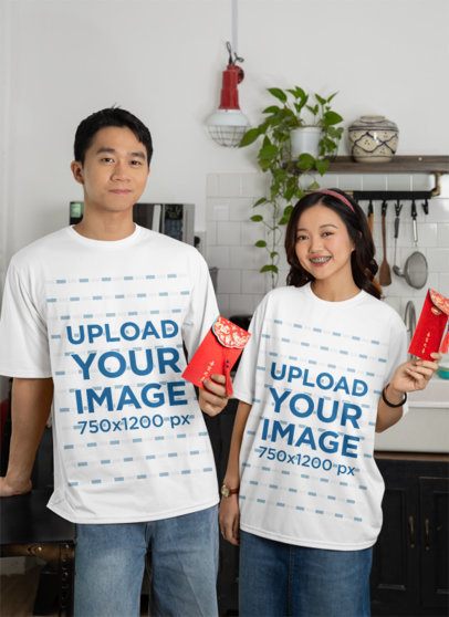 Chinese New Year-Themed T-Shirt Mockup of a Couple Holding Red Envelopes at Home m52246