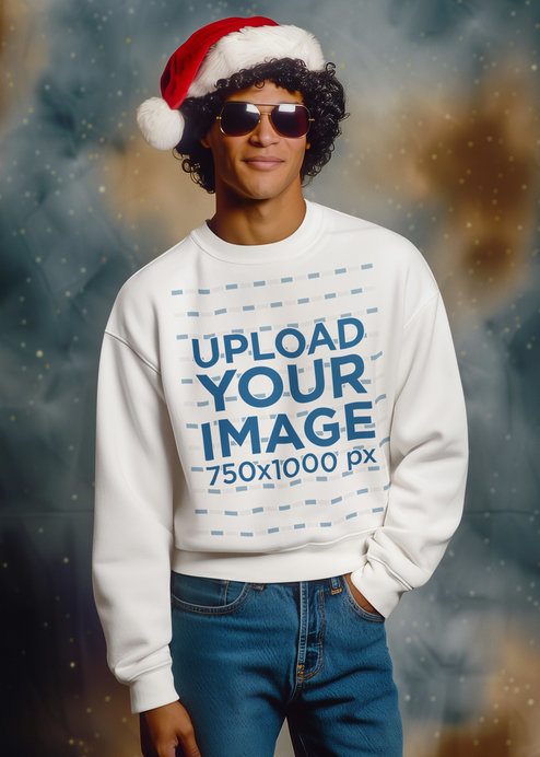 Sweatshirt Mockup of an AI-Generated Cool Man in a Christmas Photoshoot