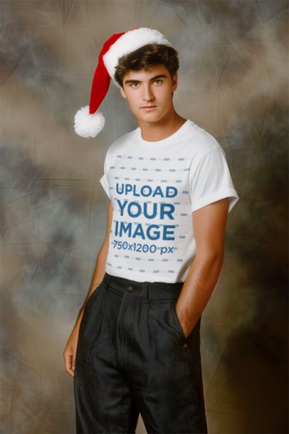 T-Shirt Mockup Featuring an AI-Created Man Posing for Xmas-Themed Shoot