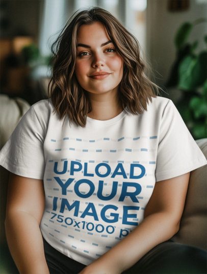 AI-Generated Mockup of a Woman Wearing a Plus Sized Tee at Home