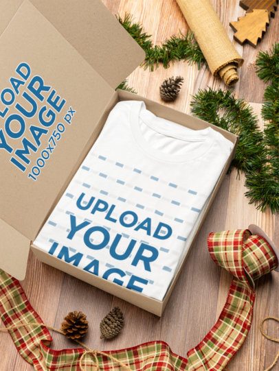 Mockup of a Gift Box Containing a Folded Bella Canvas T-Shirt in a Xmas Setting m52498