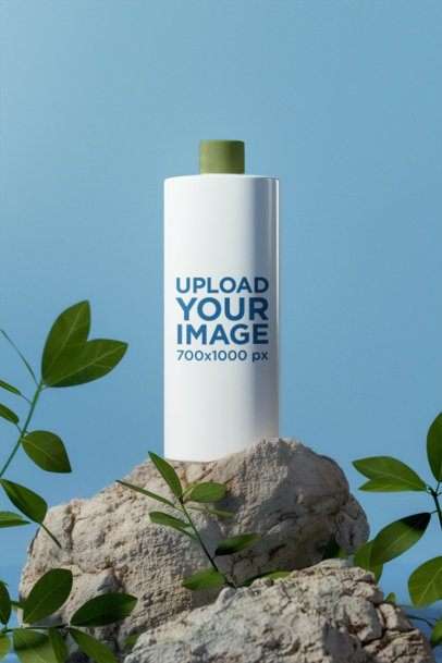Beauty Mockup Featuring an AI-Created Shampoo Bottle Standing Over a Rock