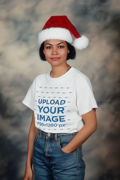 Retro Portrait-Inspired Mockup Featuring a Woman Wearing a T-Shirt and a Xmas Hat