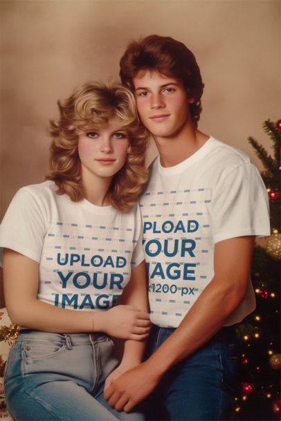 Retro Portrait-Inspired Mockup of an AI-Created Couple Wearing Matching T-Shirts