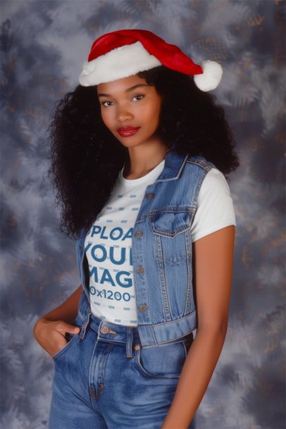 Retro Xmas Portrait-Inspired Mockup of an AI-Created Woman with Curly Hair Wearing a T-Shirt