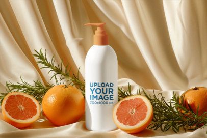 Mockup of an AI-Generated Shampoo Bottle Placed on an Aesthetic Setting With Some Oranges m50660