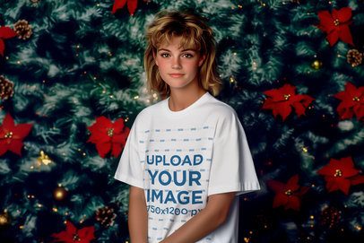 Retro Portrait-Inspired Mockup of a Woman Wearing a T-Shirt in a Christmas Setting