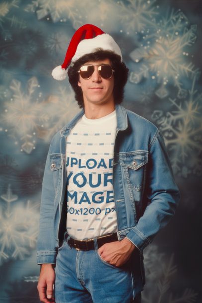 Retro Xmas Portrait-Inspired Mockup of a Man Wearing a T-Shirt Under Denim Garments