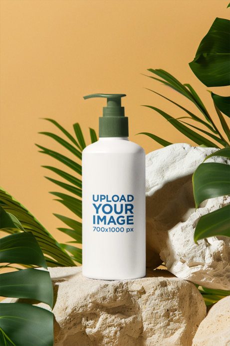 AI-Created Mockup Featuring a Shampoo Bottle Placed on a Rock With Some Plants