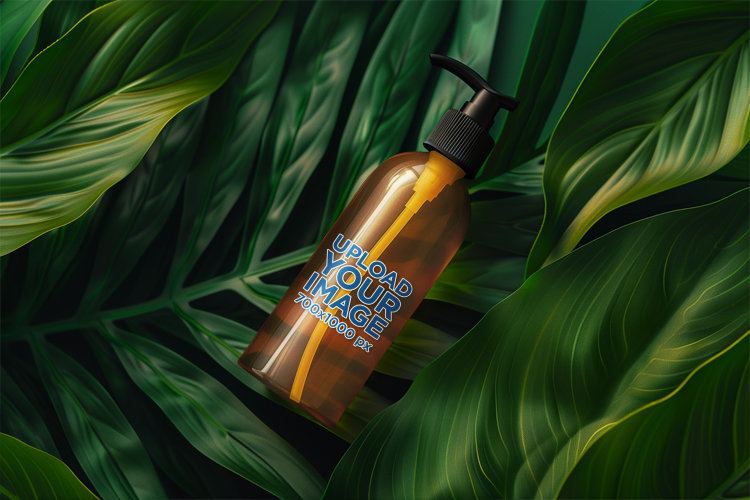 Mockup of an AI-Generated Amber Shampoo Bottle Lying on a Background of Leaves