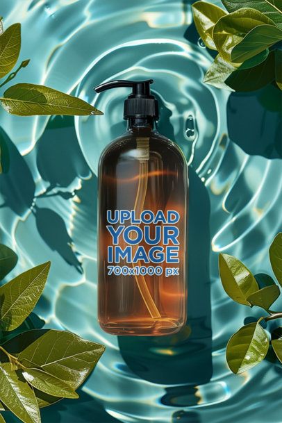 Mockup of an AI-Generated Shampoo Bottle Floating in Water With Some Leaves m50657