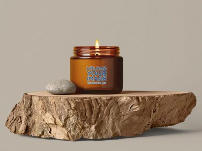 Print Mockup Featuring an AI-Created Amber Glass Candle Placed Over a Wood Log m51921