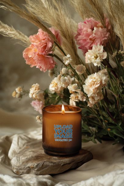 Mockup of an AI-Generated Amber Glass Candle With a Beautiful Bouquet m51930