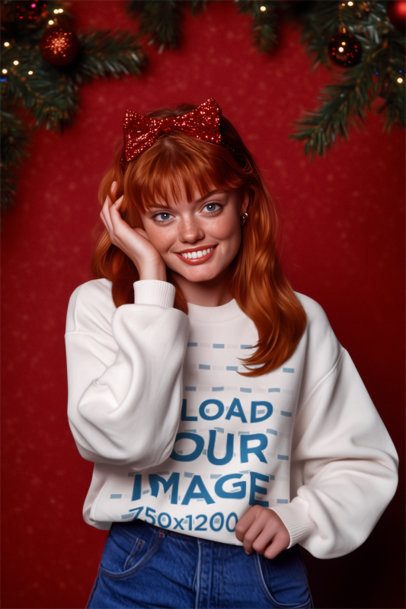 AI-Created Mockup of a Woman Wearing a Sweatshirt in a Room with Christmas Decorations