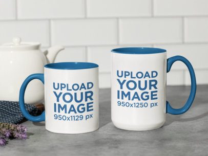 Mockup of Two Different-Sized Coffee Mugs with Colored Handles Placed Next to Each Other m51012