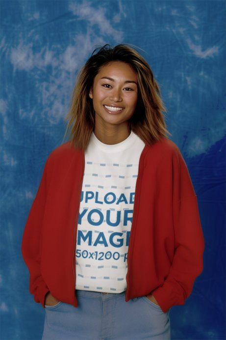 T-Shirt Mockup Featuring an AI-Created Smiling Woman Posing for a Xmas Shoot