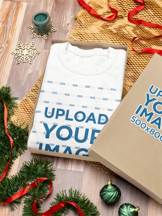 Mockup of a Folded Gildan Sweatshirt Placed on a Gift Box With Christmas Decorations
